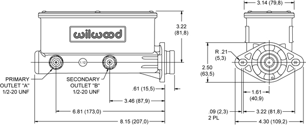 Wilwood Tandem Brake Master Cylinder, Aluminum Finish, 1" Bore
